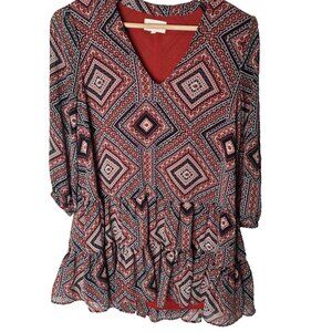 Melloday Women's Size Small Geometric Tunic Blouse Layered Red Blend